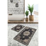 Rem Home Remhome Siyah - Krem Zeminde Geleneksel Motifli Osmanlı Avangarde Eskitme Motifli 2'li Banyo Paspas Takımı Takım Banyo Paspası - 2'li Set