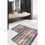 Rem Home Remhome Siyah Kremit Zeminde Etnik Motifli Eskitme Geometrik Eskitme Motifli 2'li Banyo Mutfak Paspas Takımı Takım Banyo Paspası - 2'li Set