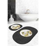 Rem Home Remhome Siyah Puantiyeli Sarı Arabalı 2'li Oval Kaymaz Tabanlı Banyo Paspas Takımı & Mutfak Halısı Seti Takım Banyo Paspası - Renkli - 2'li Set