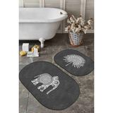 Rem Home Remhome Siyah Zemin Etnik Fil Motifli 2'li Oval Banyo & Mutfak Paspas Takımı Klozet Paspas Seti Takım Banyo Paspası - Renkli - 2'li Set