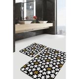 Rem Home Remhome Siyah Zemin Gold Detaylı Beyaz Yaprak Motifli 2'li Kaymaz Tabanlı Banyo & Mutfak Paspas Takımı Takım Banyo Paspası - Renkli - 2'li Set