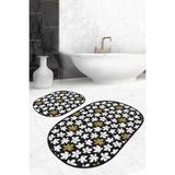 Rem Home Remhome Siyah Zemin Gold Detaylı Beyaz Yaprak Motifli 2'li Oval Kaymaz Tabanlı Banyo & Mutfak Paspas Takımı Takım Banyo Paspası - Renkli - 2'li Set
