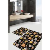 Rem Home Remhome Siyah Zemin Kabak & Yaprak Motifli 2'li Kaymaz Tabanlı Banyo & Mutfak Paspas Takımı Takım Banyo Paspası - Renkli - 2'li Set