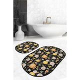Rem Home Remhome Siyah Zemin Kabak & Yaprak Motifli 2'li Oval Kaymaz Tabanlı Banyo & Mutfak Paspas Takımı Takım Banyo Paspası - Renkli - 2'li Set