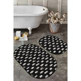 Rem Home Remhome Siyah Zemin Puantiye Motifli Kaktüs Temalı 2'li Oval Kaymaz Tabanlı Banyo & Mutfak Paspas Takımı Takım Banyo Paspası - Renkli - 2'li Set