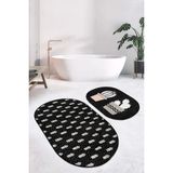 Rem Home Remhome Siyah Zemin Puantiyeli Kaktüs Tasarımlı 2'li Oval Kaymaz Tabanlı Banyo & Mutfak Paspas Takımı Takım Banyo Paspası - Renkli - 2'li Set