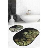 Rem Home Remhome Siyah Zemin Tropik Ağaçlar Özel Tasarım 2'li Oval Mutfak Paspas Seti & Banyo Hakı Seti Takım Banyo Paspası - Renkli - 2'li Set