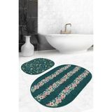 Rem Home Remhome Siyah Zemin Üzerinde Renkli Çiçek Desenli 2'li Oval Kaymaz Tabanlı Banyo & Mutfak Paspas Takımı Takım Banyo Paspası - 2'li Set