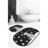 Rem Home Remhome Siyah Zemin Yılbaşı Temalı Hediye Paketleri 2'li Oval Kaymaz Tabanlı Banyo & Mutfak Paspas Takımı Takım Banyo Paspası - Renkli - 2'li Set