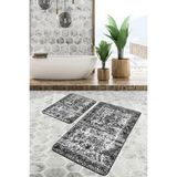 Rem Home Remhome Siyah Zeminde Eskitme Motifli Geleneksel Geometrik Eskitme Motifli 2'li Banyo & Mutfak Paspas Takımı Takım Banyo Paspası - 2'li Set