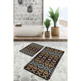 Rem Home Remhome Siyah Zeminde Etnik Motifli Geometrik Desenli Geometrik Vintage 2'li Banyo & Mutfak Paspas Takımı Takım Banyo Paspası - 2'li Set