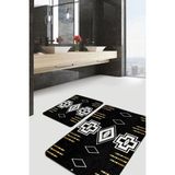 Rem Home Remhome Siyah Zeminde Kilim Motifli Geometrik Desenli Vintage Geometrik 2'li Banyo & Mutfak Paspas Takımı Takım Banyo Paspası - 2'li Set