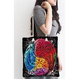Rem Home Remhome Siyah Zeminde Renkli Uzak Doğu Denge Ikonlu Dijital Baskılı Fermuarlı Omuz - Plaj Çantası Omuz Çantası - 45 x 50 x 7 cm