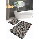 Rem Home Remhome Siyah Zeminli Koyu Renkli Tropik Yaprak Motifleri 2'li Kaymaz Tabanlı Banyo & Mutfak Paspas Takımı Takım Banyo Paspası - 2'li Set