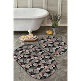 Rem Home Remhome Siyah Zeminli Koyu Renkli Tropik Yaprak Motifleri 2'li Oval Kaymaz Taban Banyo & Mutfak Paspas Seti Takım Banyo Paspası - 2'li Set