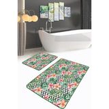 Rem Home Remhome Siyah Zigzag Zemin Tropik Yaprak Gül Motifli 2'li Kaymaz Tabanlı Banyo & Mutfak Paspas Takımı Takım Banyo Paspası - Renkli - 2'li Set