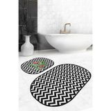Rem Home Remhome Siyah Zigzag Zeminli Flamingo Motifli 2'li Oval Kaymaz Tabanlı Banyo & Mutfak Paspas Takımı Takım Banyo Paspası - Renkli - 2'li Set