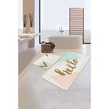 Rem Home Remhome Soft Renkli Gold Detaylı Hello Temalı 2'li Kaymaz Tabanlı Banyo & Mutfak Paspas Takımı Takım Banyo Paspası - 2'li Set