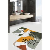 Rem Home Remhome Soyut Renkli Zemin Tropik Yaprak Özel Tasarım 2'li Kaymaz Tabanlı Banyo & Mutfak Paspas Takımı Takım Banyo Paspası - 2'li Set