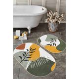 Rem Home Remhome Soyut Renkli Zemin Tropik Yaprak Özel Tasarım 2'li Oval Kaymaz Tabanlı Banyo & Mutfak Paspas Takımı Takım Banyo Paspası - 2'li Set