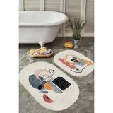Rem Home Remhome Soyut Tasarımlı Dijital Baskılı 2'li Oval Kaymaz Tabanlı Banyo & Mutfak Paspas Takımı Takım Banyo Paspası - Renkli - 2'li Set