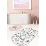 Rem Home Remhome Tropik Çiçek Motifli 2'li Oval Kaymaz Tabanlı Banyo Paspas Takımı & Mutfak Paspas Seti Takım Banyo Paspası - Renkli - 2'li Set
