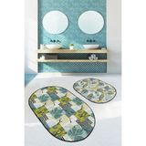 Rem Home Remhome Tropik Yaprak Dijital Baskılı Özel Tasarım 2'li Oval Kaymaz Tabanlı Banyo & Mutfak Paspas Takımı Takım Banyo Paspası - Renkli - 2'li Set