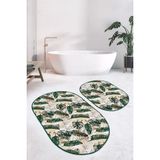 Rem Home Remhome Tropik Yaprak Gold Detaylı 2'li Oval Kaymaz Tabanlı Banyo Halısı Seti & Mutfak Paspas Takımı Takım Banyo Paspası - Renkli - 2'li Set
