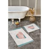 Rem Home Remhome Turkuaz - Yavruağzı Zeminde Abstract Motifli Tablo Desenli Bohem Sade & Şık 2'li Banyo Paspas Takımı Takım Banyo Paspası - Mavi - Lacivert - 2'li Set