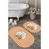 Rem Home Remhome Turuncu Ekoseli Kabak Motifli 2'li Oval Kaymaz Tabanlı Mutfak Halısı Seti & Banyo Paspas Takımı Takım Banyo Paspası - Renkli - 2'li Set