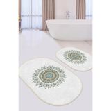 Rem Home Remhome Tüy Motifli Mandala Tasarımlı Dijital Baskılı 2'li Oval Kaymaz Tabanlı Banyo & Mutfak Paspas Takımı Takım Banyo Paspası - Renkli - 2'li Set