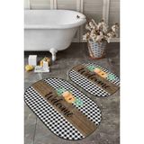 Rem Home Remhome Welcome Temalı Ekose Motifli 2'li Oval Kaymaz Tabanlı Mutfak Halısı Seti & Banyo Paspas Takımı Takım Banyo Paspası - Renkli - 2'li Set
