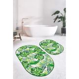 Rem Home Remhome Yaprak Motifli Dijital Baskılı 2'li Oval Kaymaz Tabanlı Banyo & Mutfak Paspas Takımı Takım Banyo Paspası - Renkli - 2'li Set