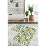 Rem Home Remhome Yeşil Çizgili Ananas Flamingo Tasarımlı 2'li Kaymaz Tabanlı Banyo & Mutfak Paspas Takımı Takım Banyo Paspası - Renkli - 2'li Set