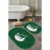 Rem Home Remhome Yeşil Ekose Motifli Yılbaşı Tasarımlı 2'li Oval Kaymaz Tabanlı Mutfak Paspas Takımı & Banyo Halısı Takım Banyo Paspası - Renkli - 2'li Set