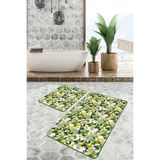 Rem Home Remhome Yeşil Yapraklar Limon Desenli Özel Tasarım 2'li Kaymaz Tabanlı Banyo & Mutfak Paspas Takımı Takım Banyo Paspası - Renkli - 2'li Set