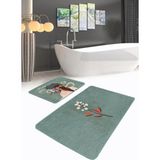 Rem Home Remhome Yeşil Zemin Çiçek Detaylı 2'li Banyo Paspas Seti & Mutfak Paspas Takımı Takım Banyo Paspası - Renkli - 2'li Set