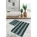 Rem Home Remhome Yeşil Zemin Tropik Çiçek Motifli 2'li Kaymaz Tabanlı Banyo & Mutfak Paspas Takımı Takım Banyo Paspası - Renkli - 2'li Set