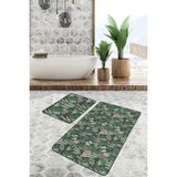 Rem Home Remhome Yeşil Zemin Tropik Yapraklar Dijital Baskılı 2'li Kaymaz Tabanlı Banyo & Mutfak Paspas Takımı Takım Banyo Paspası - Renkli - 2'li Set