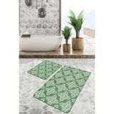 Rem Home Remhome Yeşil Zeminde Damask Motifli Geleneksel Desenli Floral Vintage 2'li Banyo & Mutfak Paspas Takımı Takım Banyo Paspası - Yeşil - Haki - 2'li Set