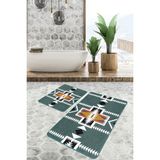 Rem Home Remhome Yeşil Zeminde Geleneksel Motifli Geleneksel Etnik Motifler Vintage 2'li Banyo & Mutfak Paspas Takımı Takım Banyo Paspası - Yeşil - Haki - 2'li Set