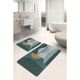 Rem Home Remhome Yeşil Zeminde Geometrik Motifli Kanvas Desenli Geometrik Modern 2'li Banyo & Mutfak Paspas Takımı Takım Banyo Paspası - Yeşil - Haki - 2'li Set