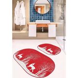 Rem Home Remhome Yılbaşı Temalı Beyaz Geyik Motifli 2'li Oval Kaymaz Tabanlı Mutfak Paspas Takımı & Banyo Halı Seti Takım Banyo Paspası - Renkli - 2'li Set