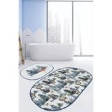 Rem Home Remhome Yılbaşı Temalı Çam Ağaçları Geyik Tasarımlı 2'li Oval Kaymaz Tabanlı Banyo & Mutfak Paspas Takımı Takım Banyo Paspası - Renkli - 2'li Set