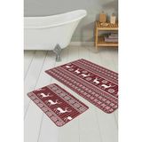 Rem Home Remhome Yılbaşı Temalı Kanaviçe Motifli Geyik Özel Tasarım 2'li Kaymaz Tabanlı Banyo & Mutfak Paspas Takımı Takım Banyo Paspası - Renkli - 2'li Set