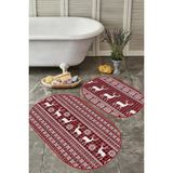 Rem Home Remhome Yılbaşı Temalı Kanaviçe Motifli Geyik Özel Tasarım 2'li Oval Kaymaz Taban Banyo & Mutfak Paspas Seti Takım Banyo Paspası - Renkli - 2'li Set