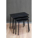 Remaks Bayrak Metal Ayaklı 3'Lü Zigon Sehpa Çay Sehpası Servis Sehpası - Siyah Mermer / Siyah Merme