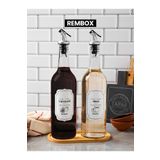 Rembox Ahşap Standlı 2'li Sirke ve Nar Ekşisi Şişesi 750 ml Yağlık Zeytinyağ Sıvıyağ Şişesi Cam Yağdanlık