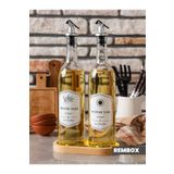 Rembox Ahşap Standlı 2'li Yağ ve Sirke Şişesi 750 ml Yağlık Zeytinyağ Sıvıyağ Şişesi Şeffaf Cam Yağdanlık (koyu renk altlık gold renk kapak)