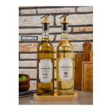 Rembox Ahşap Standlı 2'li Yağ ve Sirke Şişesi Gold Kapaklı 750 ml Yağdanlık Zeytinyağ Sıvıyağ Şişesi
